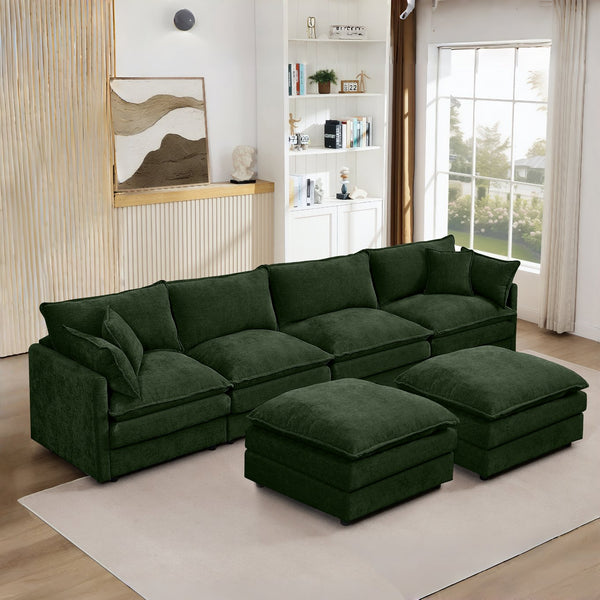 English Elm Modular U-Shaped Sectional Sofa - 130.7 Inch Cozy 4-Seater Couch With Movable Ottomans, Green Chenille W1359S00041