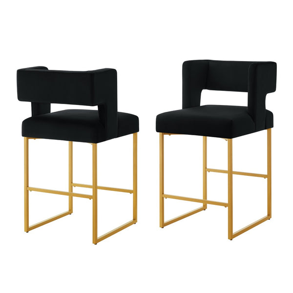 English Elm Modern Velvet Counter Stools Set of Two with Gold Iron Frame and Square Open Back Black W2186P171941