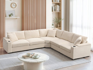 English Elm 106" Convertible L Shaped Sectional Sofa with Corduroy Upholstery, Armrest Storage, USB Charging Hub, Cup Holders, Modular Comfort for Living Room Beige N723S0187A