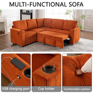 English Elm Sectional Corduroy Sleeper Sofa with Storage and Charging Ports for Small Spaces Orange W1361S00076