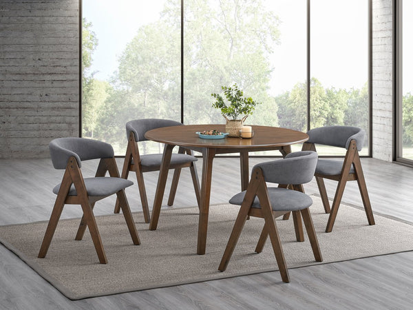 English Elm Keiki 5-Piece Walnut Dining Set with Round 48" Table & 4 Upholstered Side Chairs, Durable Finish B2726S00443