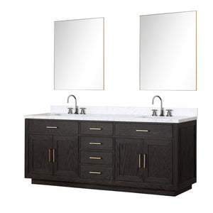 English Elm Black Oak Double Bath Vanity Set With Carrara Marble Top, Chrome Faucets & 36-Inch Mirrors Included B2731S02181