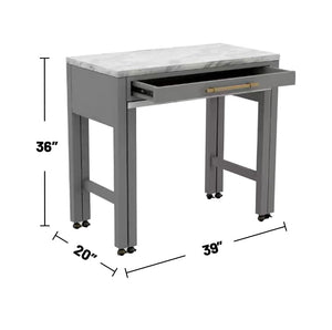 English Elm Light Gray Counter Height Table with Faux Marble Top, Slide-Out Extension, Drawer & Casters - Farmhouse Kitchen Island Stylish Storage Solution B011P232972