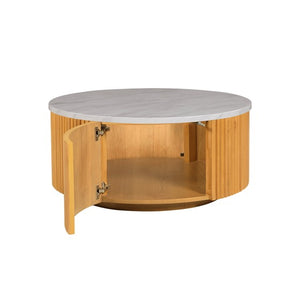 English Elm Faux Round Marble Coffee Table with Hidden Storage, 35.5" Top, Natural Base, 100 lb Capacity B035P262683