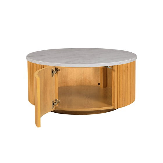 English Elm Faux Round Marble Coffee Table with Hidden Storage, 35.5" Top, Natural Base, 100 lb Capacity B035P262683