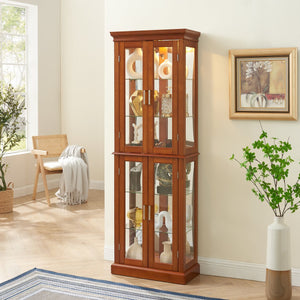 English Elm Curio Display Cabinet with Internal Lighting, Mirrored Back, 6 Adjustable Shelves, Glass Doors Walnut W1693P154578