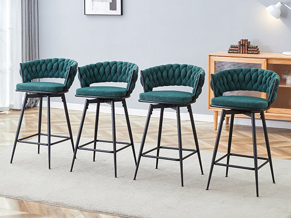 English Elm A set of four rotating bar stools with breathable cotton-linen cushions, 360° swivel, durable metal frame, retro flair Antique Green W2920S00055