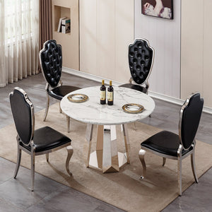 English Elm 47" Round Marble Dining Table - Modern High-Gloss Faux Marble Top With Stainless Steel Base For Style W3456S00007