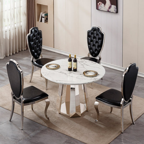 English Elm 47" Round Marble Dining Table - Modern High-Gloss Faux Marble Top With Stainless Steel Base For Style W3456S00007