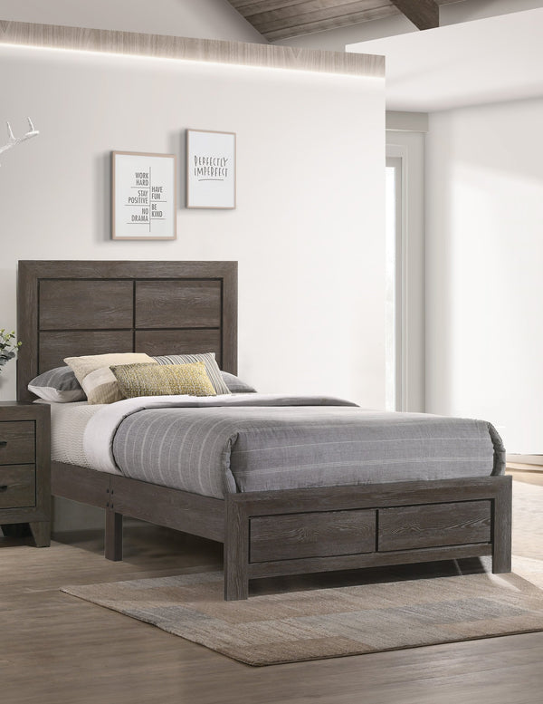 English Elm 1pc Twin Size Rustic Platform Bed with Clean-Lined Headboard, Durable Wood Grain Finish, Easy Assembly Brown,Gray 44.49 L x 28.35 W x 5.31 H B2741P333940