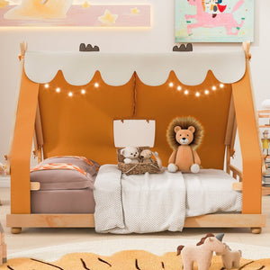 English Elm Twin Cabin Bed with Detachable Tent Skylight and Woodland Deer Antler Accents Brown N708P356717D