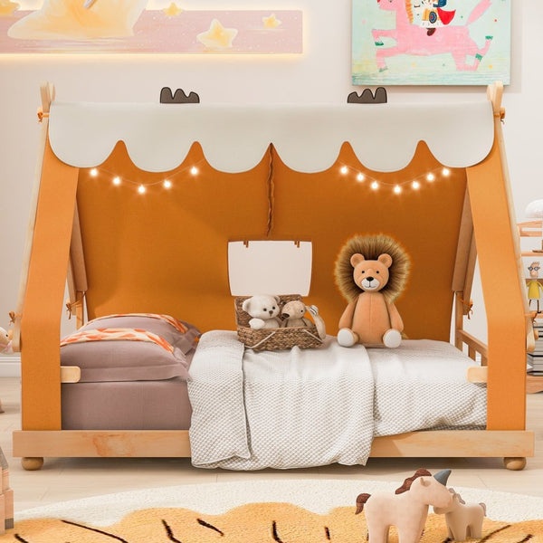 English Elm Twin Cabin Bed with Detachable Tent Skylight and Woodland Deer Antler Accents Brown N708P356717D