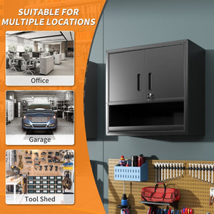 English Elm Metal Wall Mounted Steel Cabinet Locking Doors Open Drawer Garage Workshop Storage T2398P374169