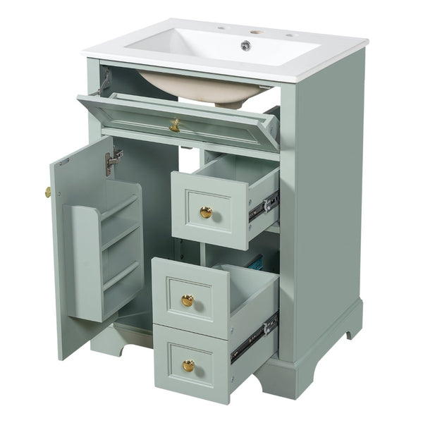 English Elm "24'' 24 Inch Glossy Freestanding Bathroom Vanity with Gold Hardware and Soft Close Storage Green Pinewood N725P375495F