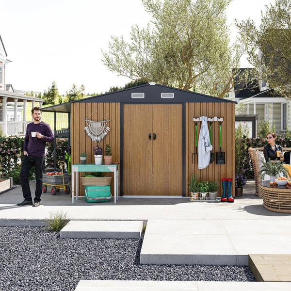 English Elm 10x12 Ft Galvanized Steel Outdoor Shed Dual Zone Lockable Sliding Doors Backyard Storage Yellow W1598S00033