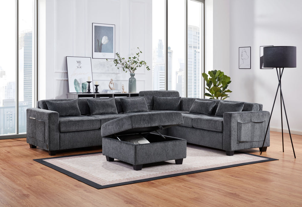 English Elm Trey 115"W Gray Chenille Sectional Sofa with Adjustable Backrests, USB Charging, Pockets & Ottoman B061S00878