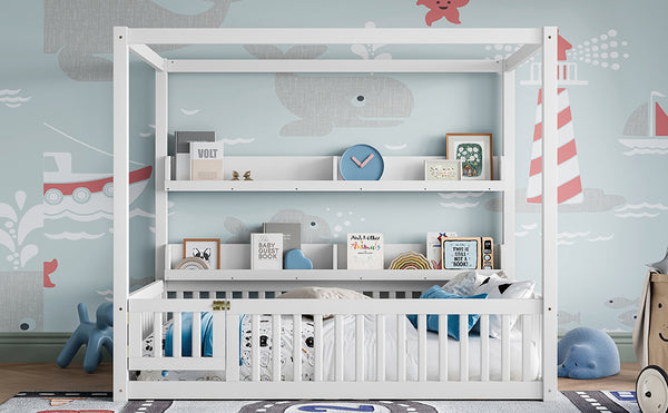 English Elm Full House Floor Bed with Door and Guardrails for Kids, Solid Wood Double Full, Safe Play Nook Light White W1580P359331