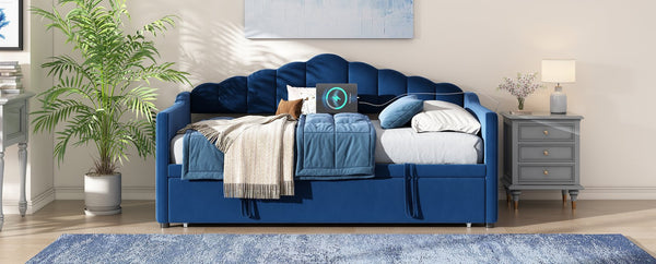 English Elm Upholstered Twin Daybed with Pop-Up Trundle, Built-In USB Type-C Charger, Side Pockets, Velvet Frame Blue 77.25 L x 17.25 W x 5.31 H N733S285118C