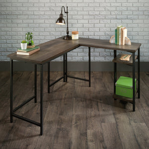 English Elm L-Shaped Desk: Stylish Brown Finish With Adjustable Shelves And Hidden Compartments For Versatility B356P367890