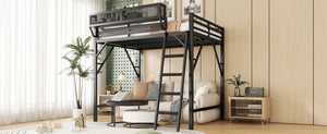 English Elm Queen Size Metal Loft Bed with Ladder and Built-In Storage Shelves, Sturdy High Bed for Teens 99" Black W2580P379983