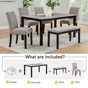 English Elm 6 Piece Rubberwood Dining Set with Bench and Linen Chairs for Transitional Kitchen W1998S00091