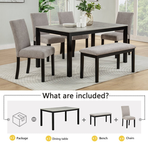 English Elm 6 Piece Rubberwood Dining Set with Bench and Linen Chairs for Transitional Kitchen W1998S00091