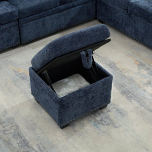 English Elm 97 Inch L-shaped Chenille Sectional Sofa with Sleeper Storage Ottoman 7 Seats Dark Blue W1669S00019