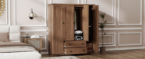 English Elm 4 Door Wardrobe Armoire Closet with 2 Drawers Rustic Pine & MDF Storage Cabinet with Shelves and Hanging Space Brown N7090001842D