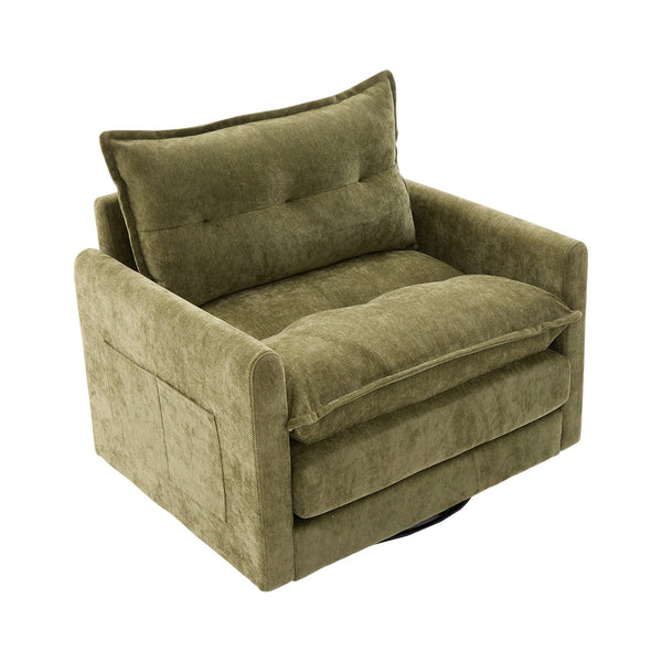 English Elm UNITED Swivel Barrel Chair with Chenille Upholstery, 360° Smooth Rotation, Padded Arm Comfort and Side Pockets for Living Room Relaxation Olive Green W1568P290086