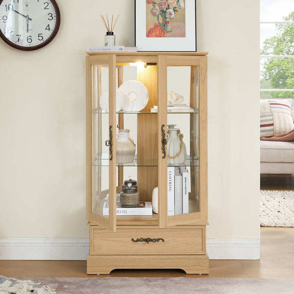 English Elm Glass Lighted Curio Cabinet with Adjustable Glass Shelves, 2 Doors 1 Drawer, Oak Finish, Bulb Included and Anti-Tip Safety Strap for Secure Display of Collectibles W2275P178890