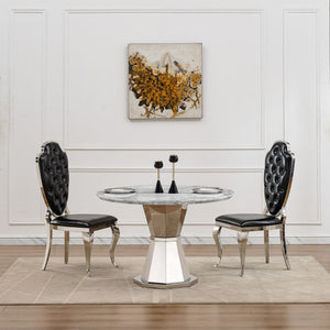 English Elm 47" Round Marble Dining Table - Stylish Faux Marble Top & Durable Stainless Steel Base For Any Space W3456S00004