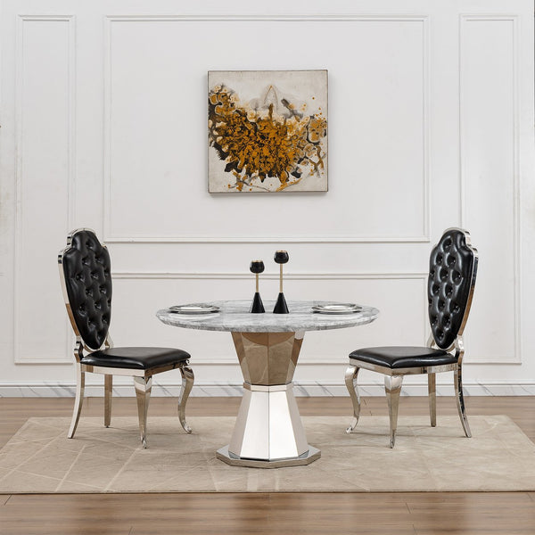 English Elm 47" Round Marble Dining Table - Stylish Faux Marble Top & Durable Stainless Steel Base For Any Space W3456S00004
