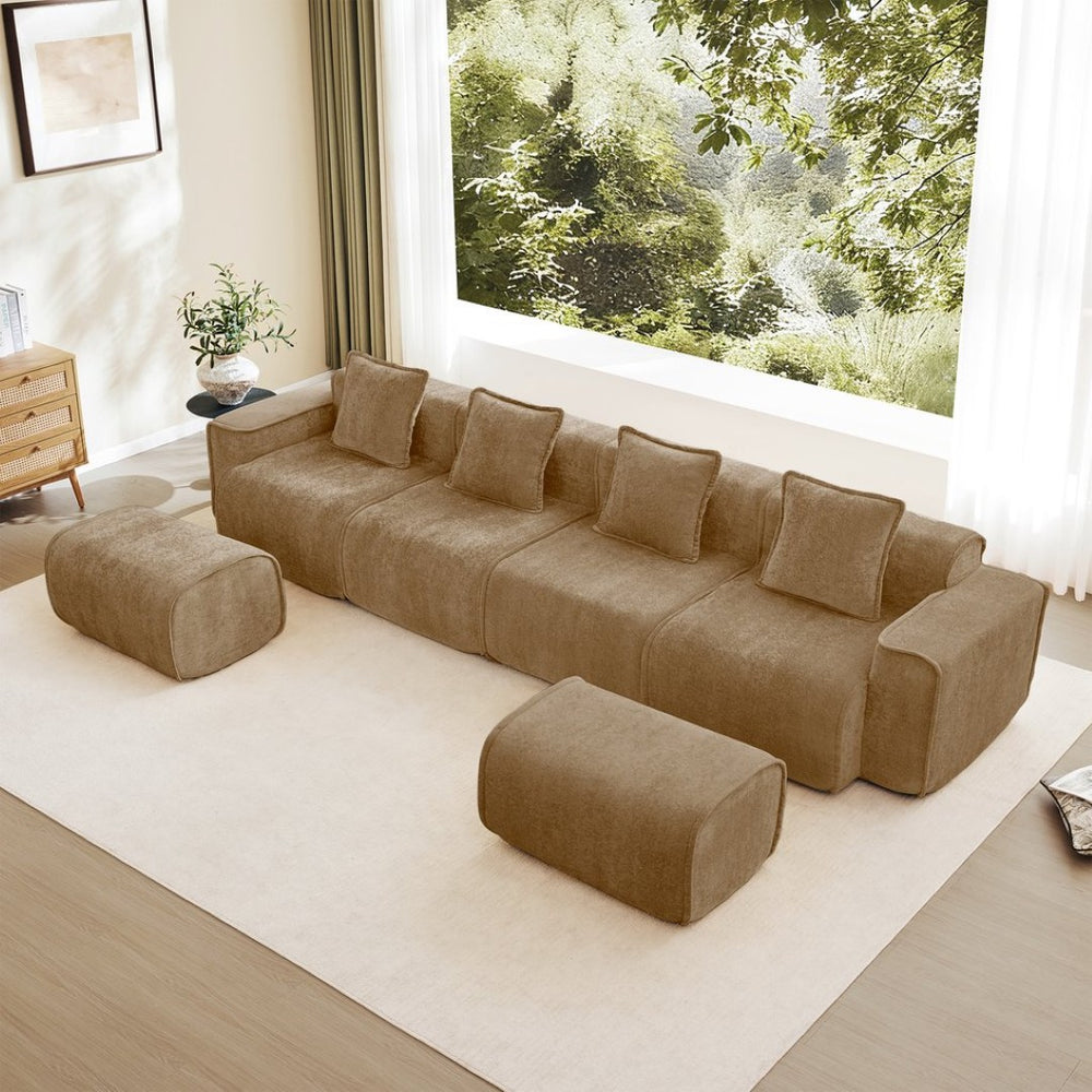 English Elm Streamlined Modular U-shape Sectional Velvet Sofa with Cloud Comfort and Movable Ottomans Brown W3041S00377