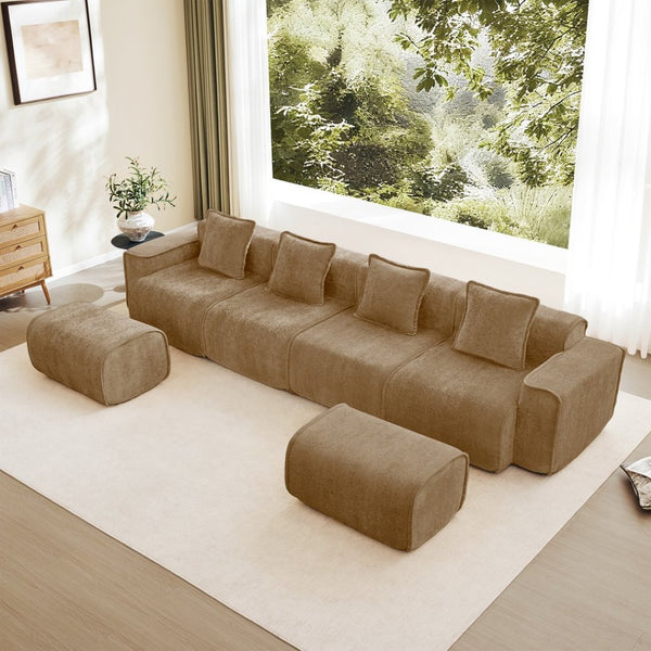 English Elm Streamlined Modular U-shape Sectional Velvet Sofa with Cloud Comfort and Movable Ottomans Brown W3041S00377