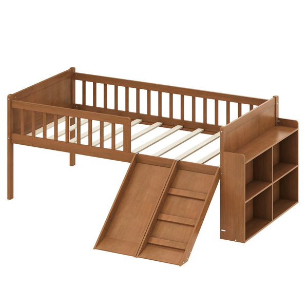 English Elm Twin Platform Kids Bed with Slide Ladder Guardrails Storage Shelf Wood Frame Walnut N733S415411M