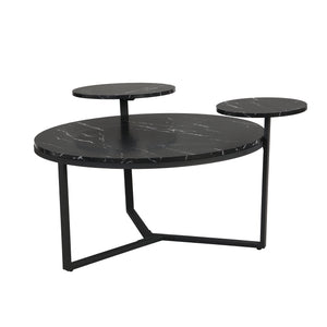 English Elm Modern round coffee table with black faux marble top, tripod metal base and two display shelves, sleek storage flair N735P177472B