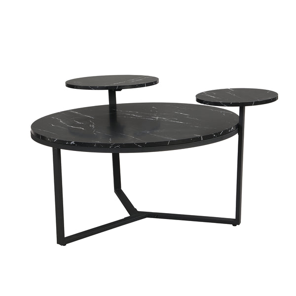 English Elm Modern round coffee table with black faux marble top, tripod metal base and two display shelves, sleek storage flair N735P177472B