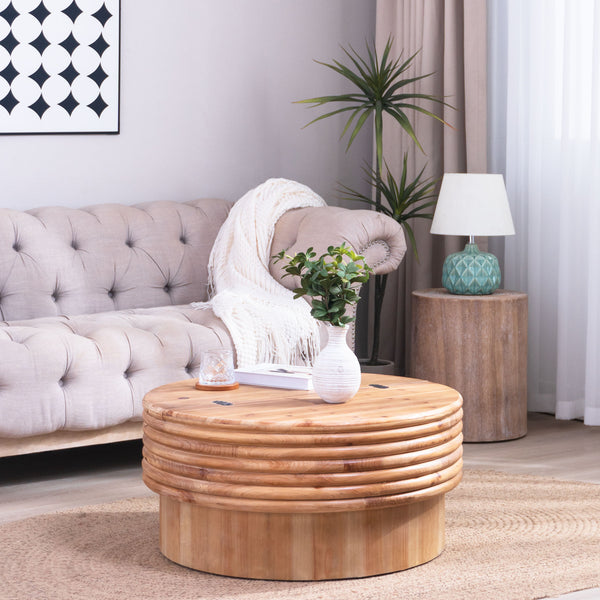English Elm Round 30.3" Wooden Coffee Table with Lift-Top Storage, Rustic Modern Round Centerpiece for Living Room W2729P270752
