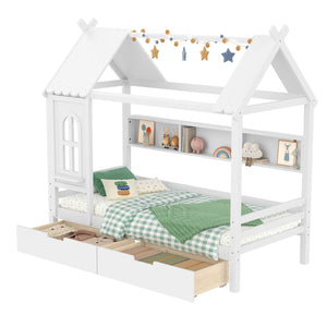 English Elm Twin House Platform Bed with Drawers & Shelves, Solid Wood Playhouse Frame for Kids, Cozy Design Light White W1580S00265