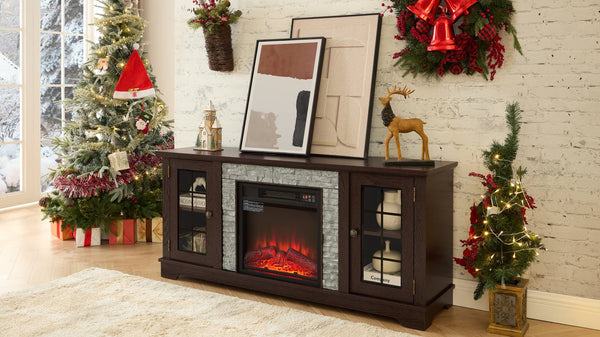 English Elm 58" Modern TV Stand with 18" Electric Fireplace, Faux Stone Mantel, Ample Storage & Cable Management for Living Room Comfort and Style Cherry W2275S00026