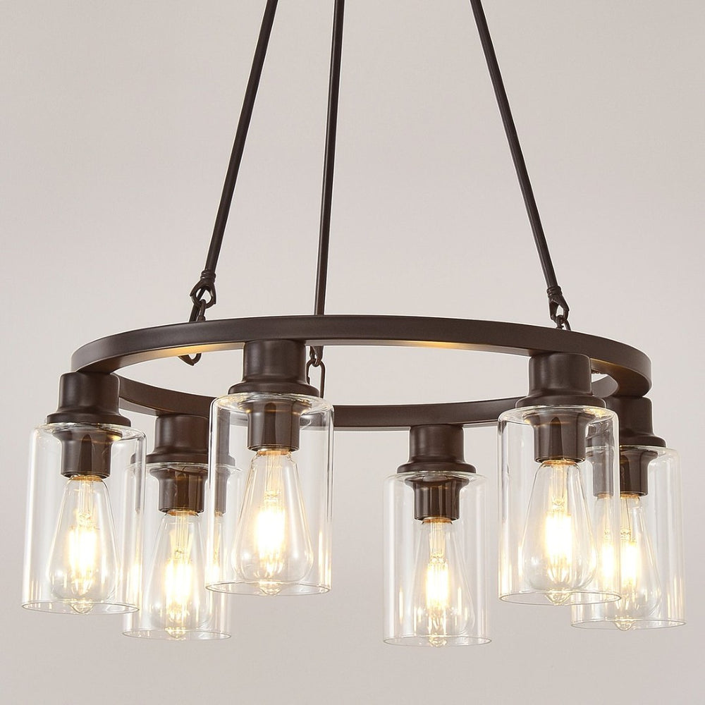 English Elm 23.62'' Farmhouse Wagon Wheel Chandelier Six Seeded Glass Shades Brown Metal Finish W5008P468517