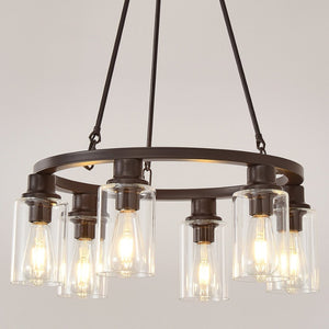 English Elm 23.62'' Farmhouse Wagon Wheel Chandelier Six Seeded Glass Shades Brown Metal Finish W5008P468517