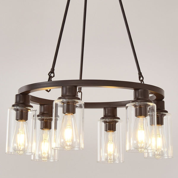 English Elm 23.62'' Farmhouse Wagon Wheel Chandelier Six Seeded Glass Shades Brown Metal Finish W5008P468517