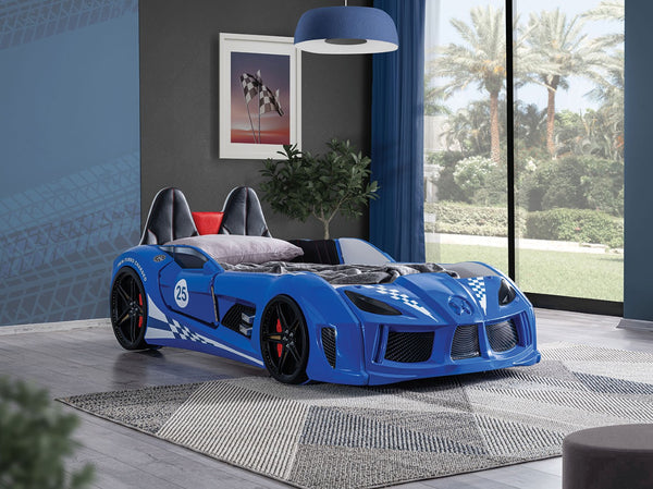 English Elm Modern Race Car Twin Bed with Led Lights Magnetic Doors and Leatherette Upholstery Blue B2741S00912