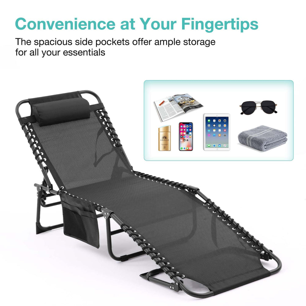 English Elm Folding Chaise Lounge Set of 2 - Portable Outdoor Pool Chairs with 4-Position Recline, Breathable Mesh, Pillow Black W3162P277279
