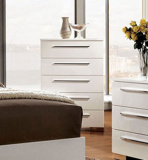 English Elm Contemporary Chic Five-Drawer Chest with Chrome Legs, High-Gloss Coating, Smooth Modern Design Glossy White 38 L x 21 W x 55 H B2741P367727
