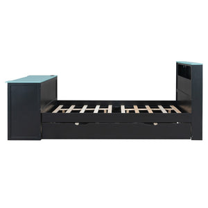 English Elm Full Size Wood Platform Daybed with Trundle Desk Rgb Led Lighting Gaming Bedroom Black+Blue LT000284AAC