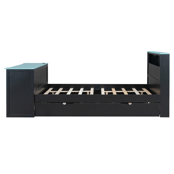 English Elm Full Size Wood Platform Daybed with Trundle Desk Rgb Led Lighting Gaming Bedroom Black+Blue LT000284AAC