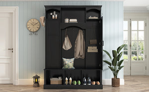 English Elm On-trend Farmhouse Hall Tree with Dual Cabinets Seven Hooks and Arched Entryway Storage Black N721S000078B