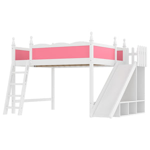 English Elm Queen Solid Pine Loft Bed with Wardrobe Shelves Detachable Slide and Dual Sleeping Zones Pink,White W5305S00026
